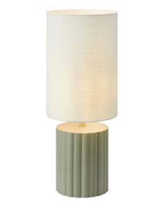 Lampe Can avec abat-jour coton blanc et base métal gris ondulé, design moderne et élégant.