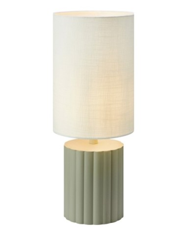 Lampe Can avec abat-jour coton blanc et base métal gris ondulé, design moderne et élégant.