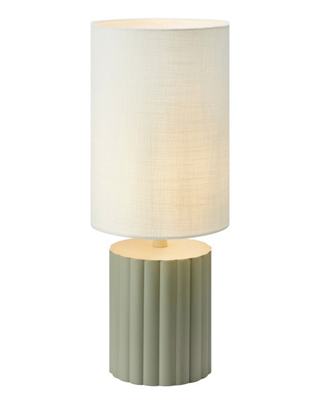 Lampe Can avec abat-jour coton blanc et base métal gris ondulé, design moderne et élégant.