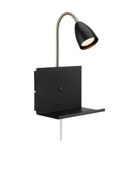 Applique Cuarto métal noir avec tête orientable et prise USB-C, design compact et fonctionnel.