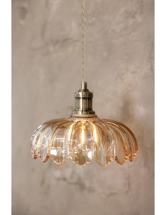 Plafonnier Kurage verre ambré ondulé, douille laiton antique et cordon textile beige élégant. 2