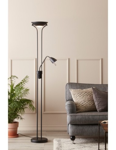 Lampadaire Detroit double éclairage, liseuse orientable et spot principal, style épuré.