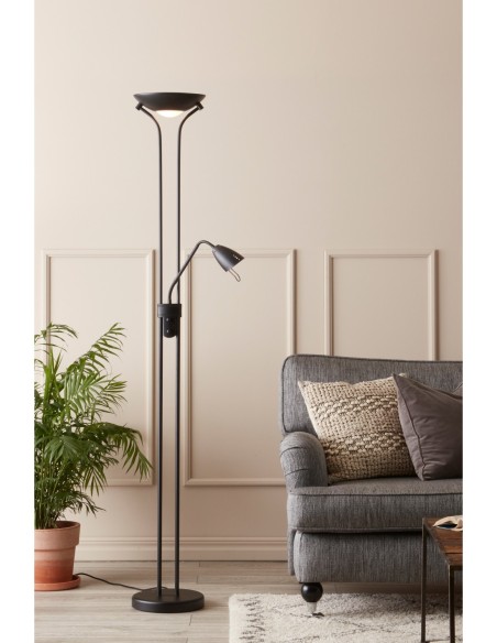 Lampadaire Detroit double éclairage, liseuse orientable et spot principal, style épuré.