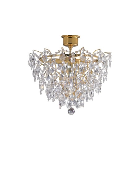 Plafonnier Rosendal doré avec prismes en cristal, éclat luxueux pour salon ou chambre raffinée.