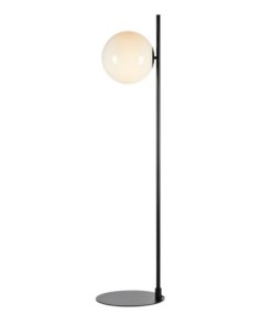 Lampadaire Dione métal noir laqué, abat-jour verre blanc, lumière douce pour salon cosy.