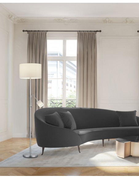 Trio Hotel – Lampadaire design, lumière principale + liseuse, structure nickel mat, tissu blanc