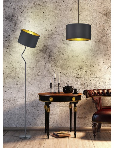 Lampadaire flexible E27, tissu et métal noir mat et or intérieur | Trio