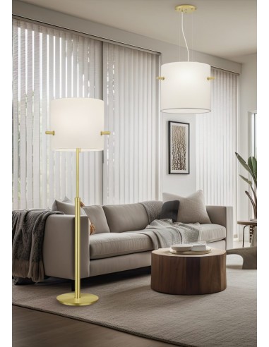 Trio – Camden – Suspension en tissu blanc et laiton mat, éclairage LED recommandé, ambiance chaleureuse