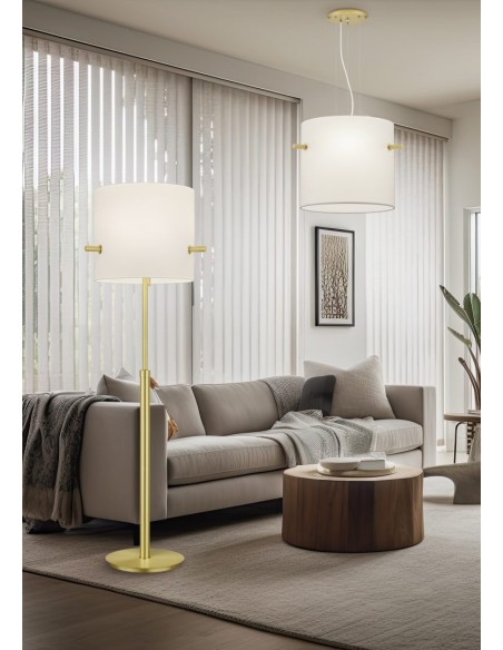 Trio – Camden – Suspension en tissu blanc et laiton mat, éclairage LED recommandé, ambiance chaleureuse