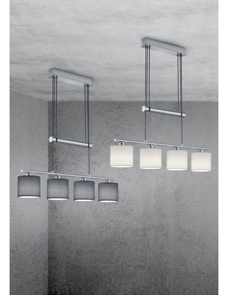 Trio Garda – Suspension 4x E14, max. 28W, design élégant en métal nickel mat et tissu blanc, ajustable