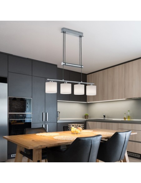 Suspension LED Nickel Mat, Tissu Blanc, Hauteur Réglable - Trio - Garda