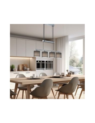 Trio Garda – Suspension décorative à hauteur ajustable, 4xE14 max 28W, tissu gris & métal nickelé