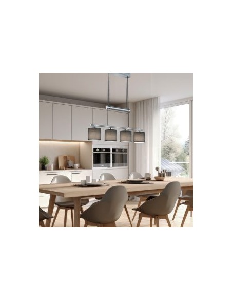 Trio Garda – Suspension décorative à hauteur ajustable, 4xE14 max 28W, tissu gris & métal nickelé