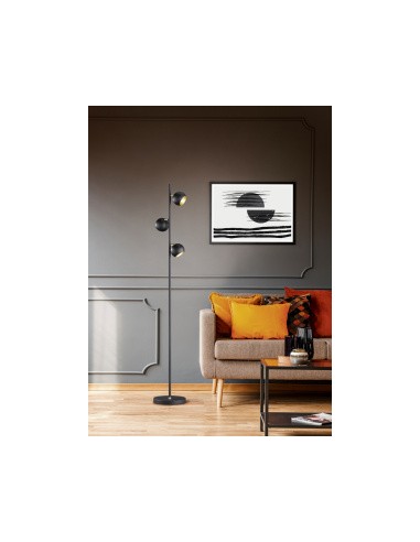 TRIO Dakota – Lampadaire 3 spots, métal noir mat, intérieur doré, éclairage flexible, IP20.
