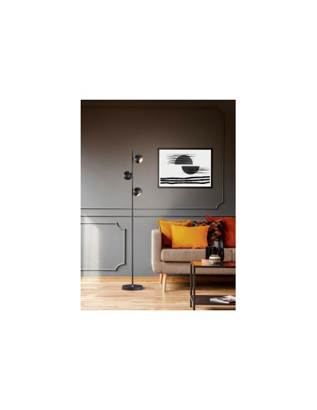 TRIO Dakota – Lampadaire 3 spots, métal noir mat, intérieur doré, éclairage flexible, IP20.