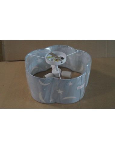 TRIO Moony – Plafonnier décoratif enfant, métal blanc et abat-jour textile bleu à motifs.