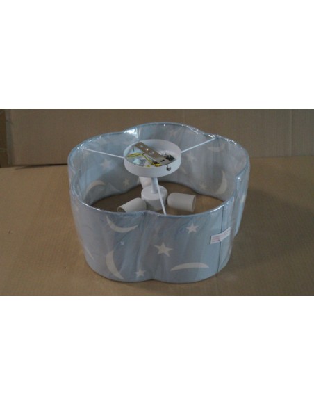TRIO Moony – Plafonnier décoratif enfant, métal blanc et abat-jour textile bleu à motifs.