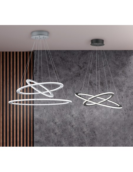 Trio Durban – Suspension design LED, 3 anneaux, dimmable, hauteur réglable, 80 cm
