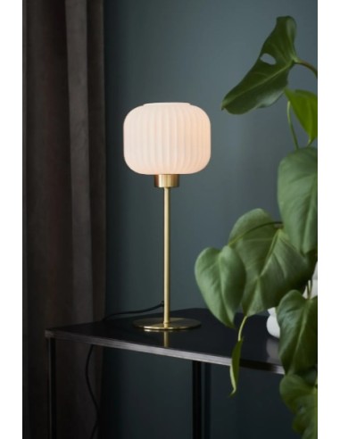 Markslöjd Sober – Luminaire de table raffiné, verre blanc et métal laiton, câble textile