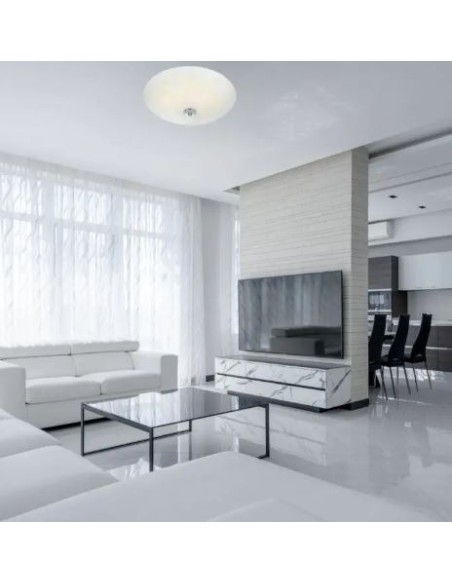 Markslöjd Fleur – Plafonnier rond LED 15W, dimmable, motif floral verre dépoli, design blanc et chrome, IP20 intérieur