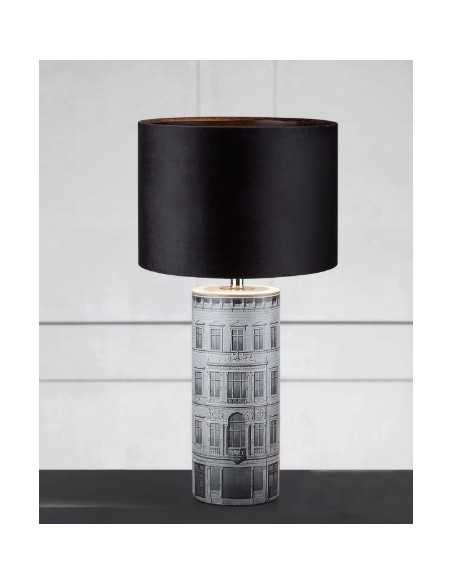 Lampe Ichi avec pied céramique et abat-jour velours noir, idéale salon ou chambre, style sophistiqué.