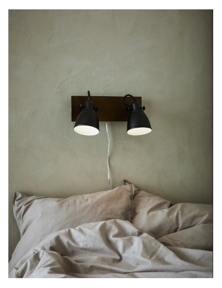 Lampe à poser Marque Modèle en bois de hêtre et métal noir, style contemporain, 2x E14 18W.