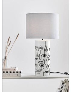 Lampe de table Famille, céramique blanche, visages noirs, abat-jour velours, ampoule E27. 2