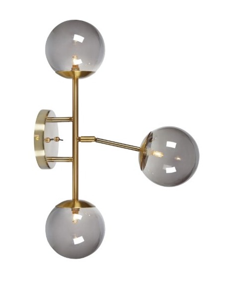 Applique design Trinity, structure laiton, globes fumés, interrupteur sur base.