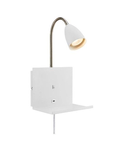 Éclairage chevet Cuarto blanc alliant design élégant, fonction étagère et recharge USB intégrée.