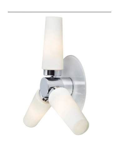 Design épuré blanc et chrome avec verre opale pour un éclairage tridirectionnel efficace.