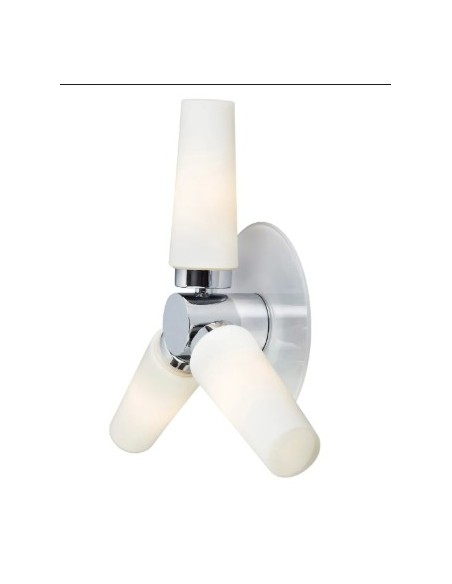 Design épuré blanc et chrome avec verre opale pour un éclairage tridirectionnel efficace.