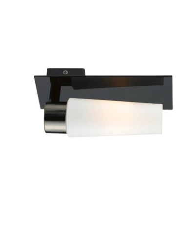 Métal noir et verre blanc, idéale près d’un miroir pour un éclairage ciblé et élégant.