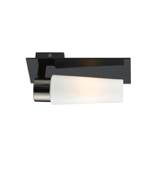 Métal noir et verre blanc, idéale près d’un miroir pour un éclairage ciblé et élégant.