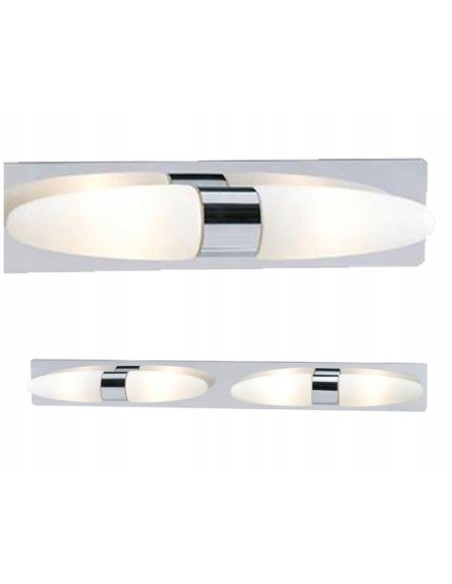 Métal chromé et verre blanc, parfait pour un éclairage large et homogène près du miroir.