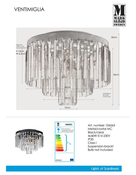 Markslöjd Ventimiglia – Luminaire de plafond noir avec prismes taillés, Ø42 cm, E14