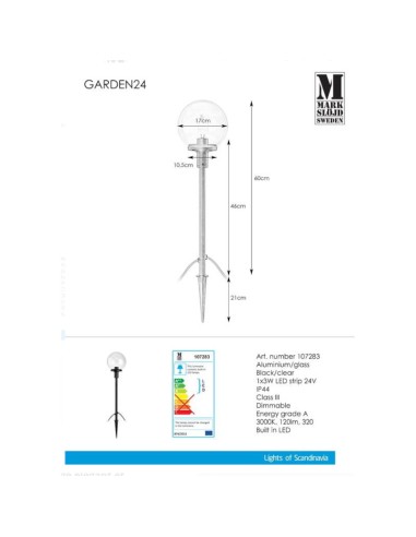 Borne LED extérieure, verre décoratif, IP44 – Markslöjd - Garden 24 - dessin technique