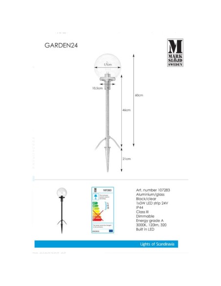 Borne LED extérieure, verre décoratif, IP44 – Markslöjd - Garden 24 - dessin technique