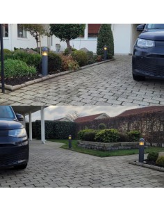 Borne extérieure Kurt en aluminium gris, verre transparent et grille anti-éblouissement élégante. 2