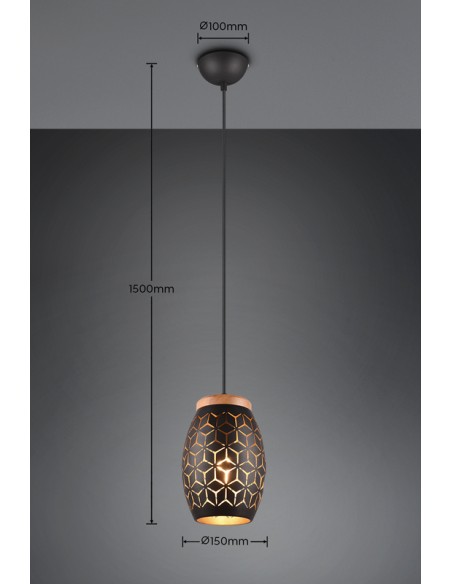 Suspension métal et bois couleur noir et or , Bidar, E27 , 28 W max