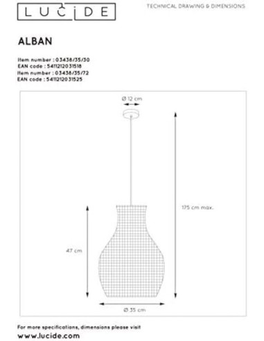 Lucide -  Suspension Alban couleur noir , métal et rotin, E27 ,40  w max