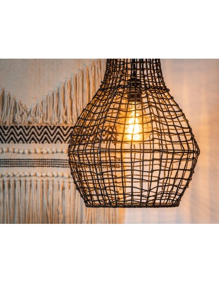 Suspension métal et rotin couleur noir  , Alban , E27 , 40 W max