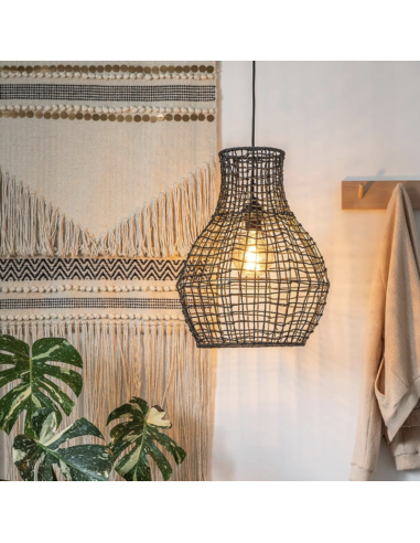 Suspension Alban noir en métal et rotin
