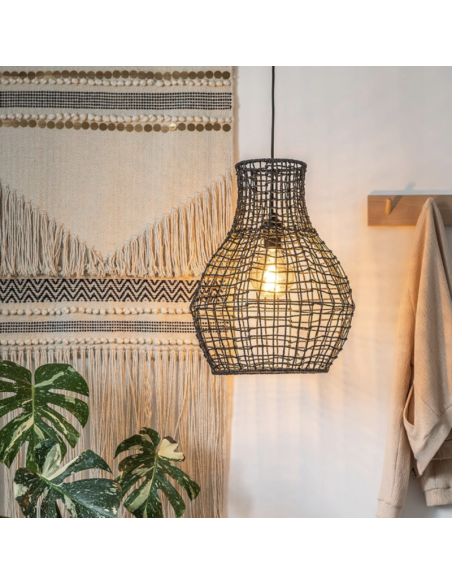 Suspension Alban noir en métal et rotin