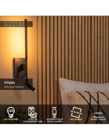 Finan  de Lucide - Applique murale rotative + port USB + liseuse orientable  - noire - détails techniques