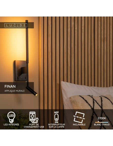 Finan  de Lucide - Applique murale rotative + port USB + liseuse orientable  - noire - détails techniques