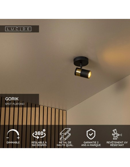 Gorik de  Lucide - Plafonnier orientable 1xGU10 noir Mat / Laiton - détails techniques
