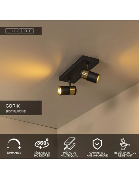 Gorik  de Lucide -  Plafonnier orientable 2xGU10 noir Mat / Laiton  - détails techniques