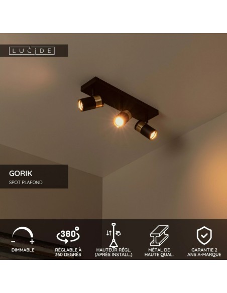 Gorik de Lucide - Plafonnier orientable 3xGU10 noir Mat / Laiton  - détails techniques