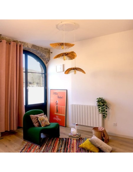 Suspension en bois teinté chêne E27 12 W - Atelier Loupiote - Cygne Trio