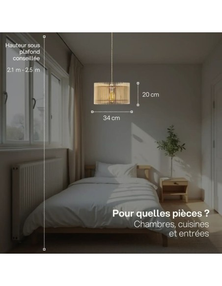 Suspension en bois clair Diam. 34 cm 1xE27 12 W - Atelier Loupiote - Apollon